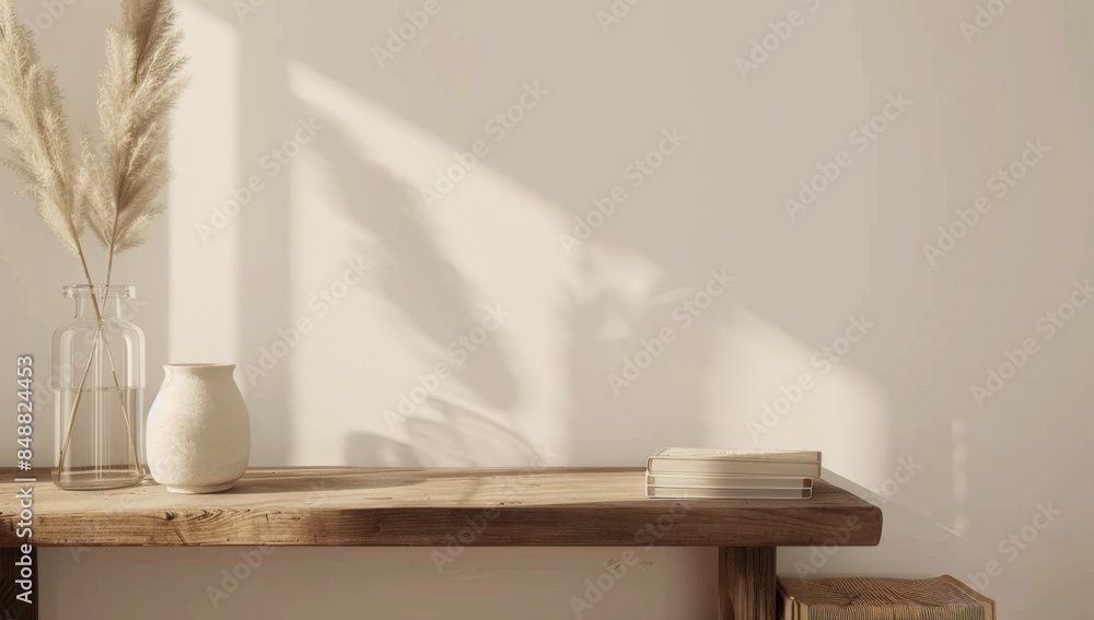 3D render of a minimalist wooden table with vases and books 3D render of a minimalist wooden table with vases and books