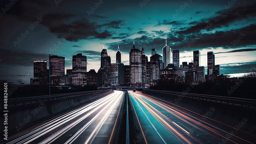 Fototapeta premium An illustration of motion speed light traffic on a nighttime in a modern mega city