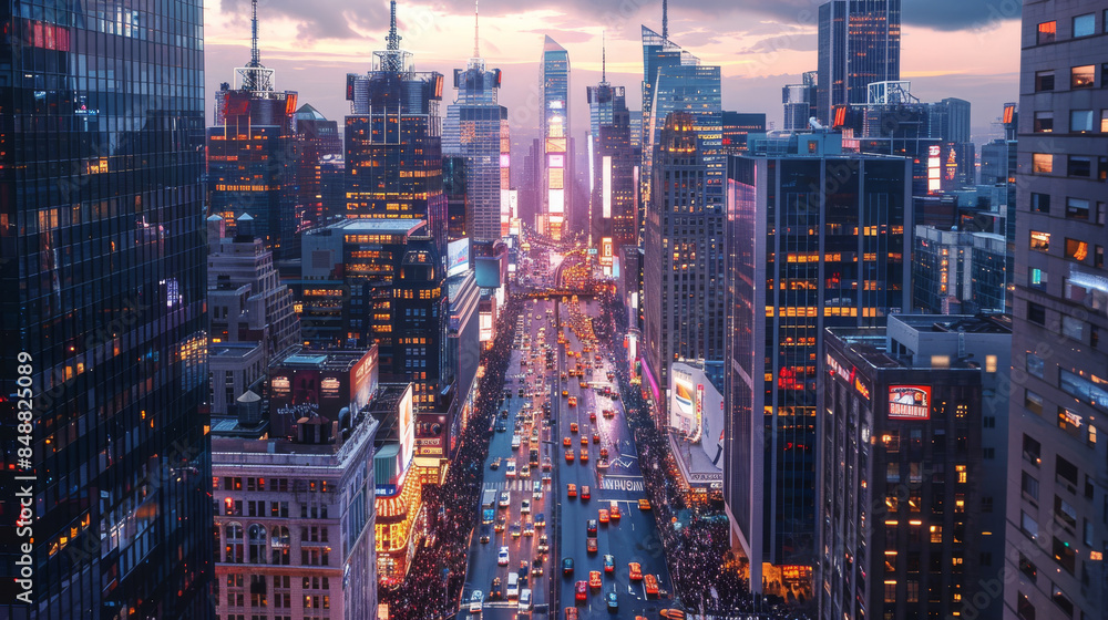 Fototapeta premium The bustling cityscape at dusk, towering skyscrapers illuminated by the warm glow of street lamps and neon lights. The busy streets were full of cars and bustling crowds. Generative AI.