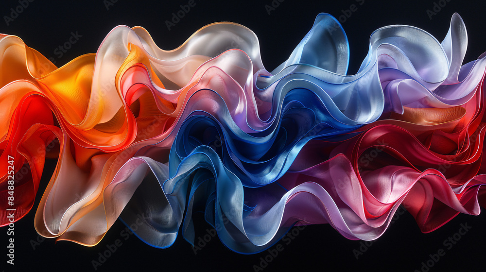 Obraz premium A dynamic flow of colorful ribbons, rendered in a 3D style, twisting and interweaving against a deep black background.