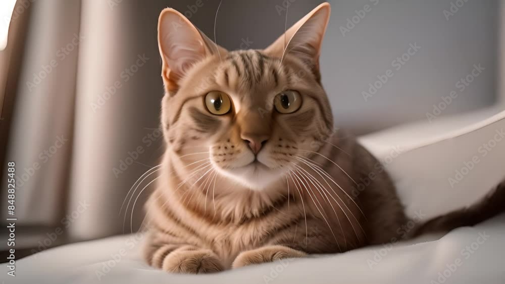 Tabby Cat Relaxing on a Bed Generative AI Tabby Cat Relaxing on a Bed Generative AI