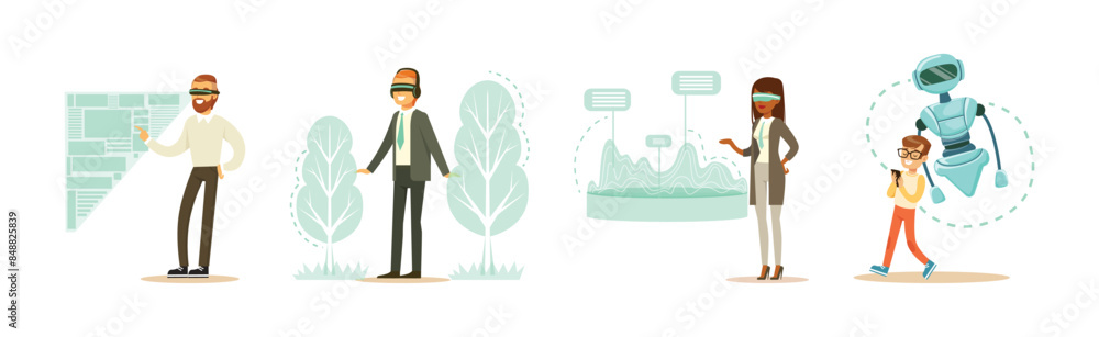 Man and Woman Character Use Smart Interactive Technology Vector Set Man and Woman Character Use Smart Interactive Technology Vector Set