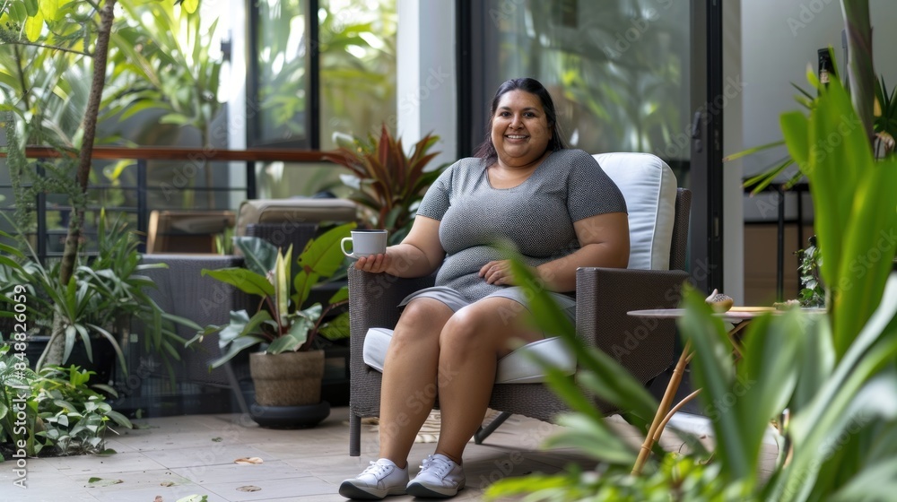 An overweight Indian woman sitting in an armchair with a coffee mug relaxing and smiling at the camera An overweight Indian woman sitting in an armchair with a coffee mug relaxing and smiling at the camera
