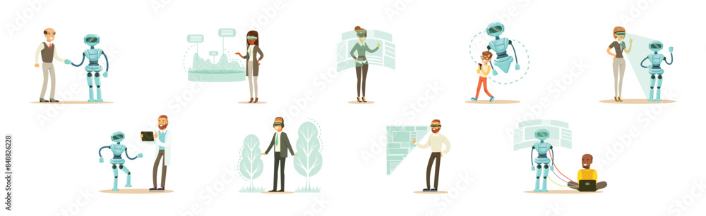 Man and Woman Character Use Smart Interactive Technology Vector Set Man and Woman Character Use Smart Interactive Technology Vector Set
