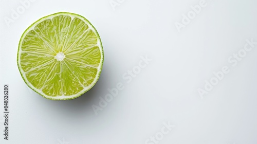 Fresh lime slice on bright white surface with room for text
