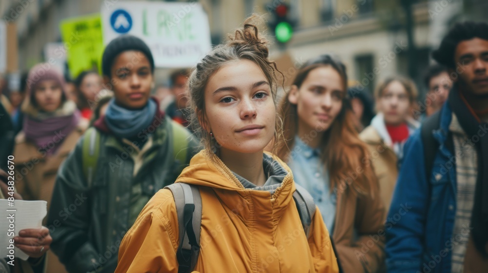 A group of woman doing peaceful protest advocating for climate action with diverse participants holding signs A group of woman doing peaceful protest advocating for climate action with diverse participants holding signs