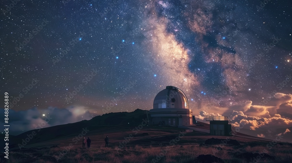 A picturesque observatory with astronomers gazing at the night sky A picturesque observatory with astronomers gazing at the night sky