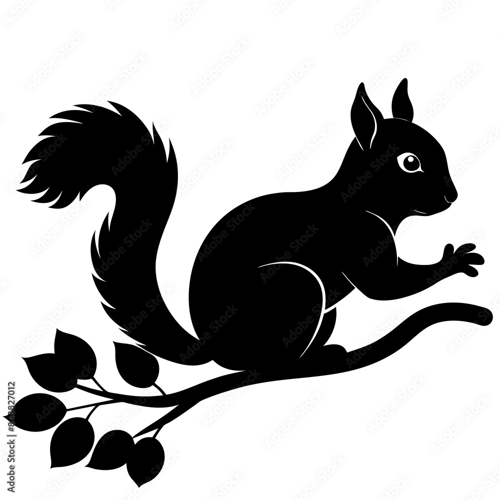 Squirrel on a Tree Branch vector black silhouette on white background. Squirrel on a Tree Branch vector black silhouette on white background.