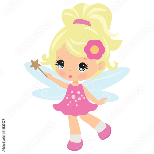 Cute little blonde garden fairy waved her magic wand