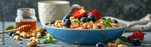 A bowl filled with oatmeal, strawberries, and blueberries on a grey background. The concept of a healthy breakfast.