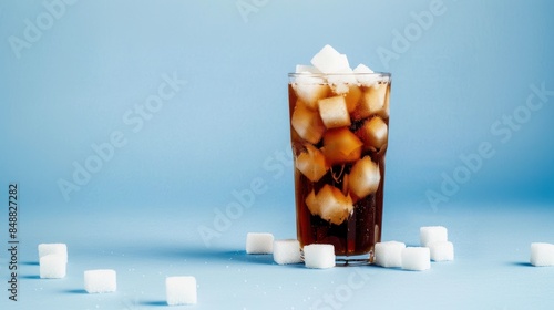 Glass of cola with sugar cubes on blue background Obesity concept photo