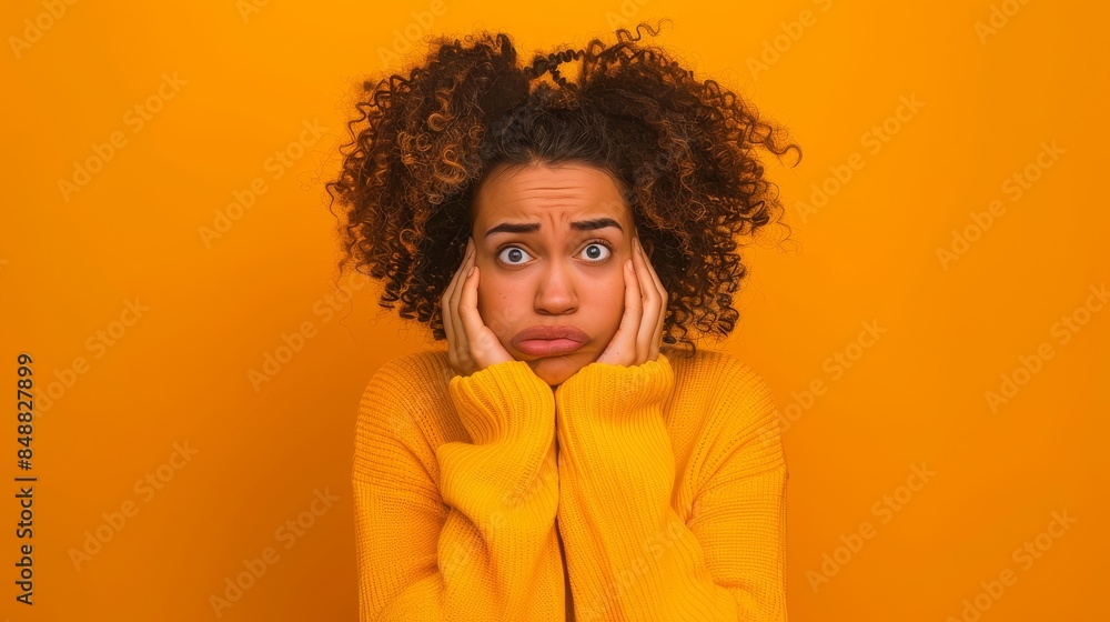 Disappointed woman with hands on face against vibrant orange background. Sadness, frustration, and emotional distress concept. Expressing negative emotions, anxiety, and personal struggle.