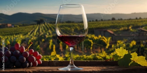 Wallpaper Mural bokeh glass of red wine in transparent glass on wooden floor with view of vineyards Torontodigital.ca