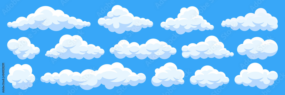 Set of cartoon cloud in a flat design. Fluffy white cartoon clouds in blue sky vector set. Cloudy day heaven. Cartoon cloudy fluffy illustration.
