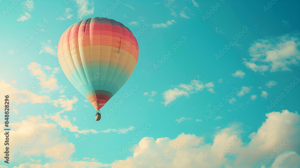 Fototapeta premium Hot air balloon flying above clouds. Adventure and travel,Colorful hot air balloon is flying in the blue sky above the trees,Colourfull balloon festival in the sky