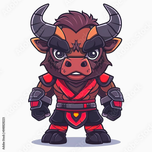 Cute Bison assassin cartoon on white background. Chibi Bison ninja cartoon