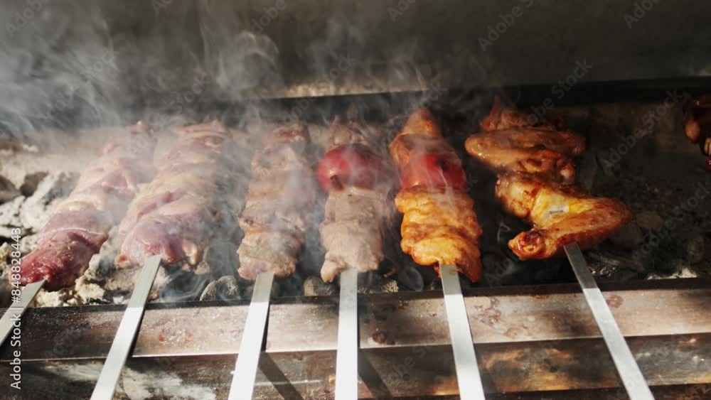 Chicken, meat and liver kebabs are fried on an open grill with charcoal Chicken, meat and liver kebabs are fried on an open grill with charcoal