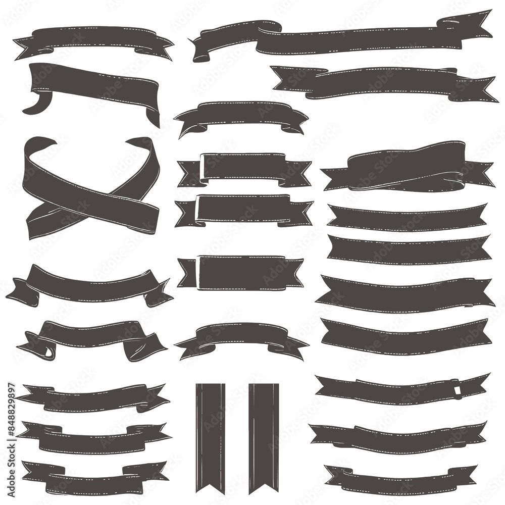 Ribbon silhouette banners set black shape