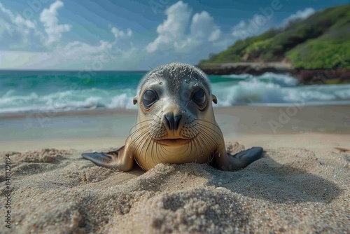 A baby seal resting on a sandy beach, with the ocean waves gently lapping in the background. The seal has big, round eyes and a curious expression