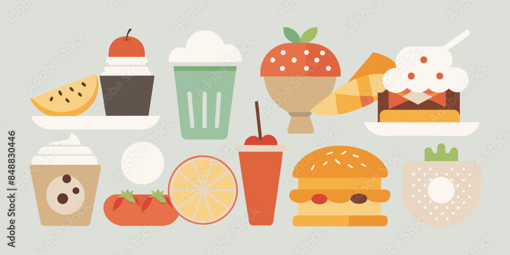 Food and drink selection with colorful fruits, vegetables, beverages, and snacks. A vibrant assortment of food and drink items, bursting with colors and flavors. Food and drink selection with colorful fruits, vegetables, beverages, and snacks. A vibrant assortment of food and drink items, bursting with colors and flavors.