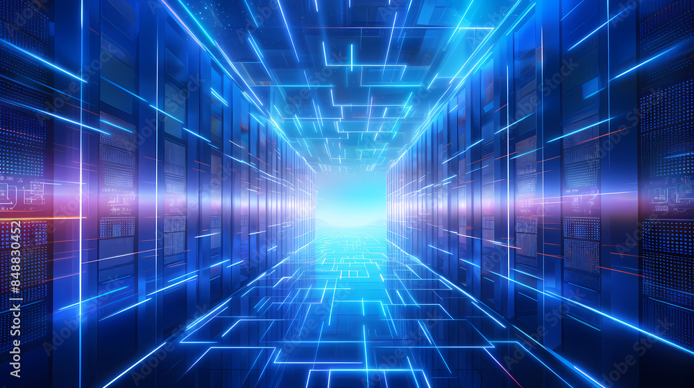Glowing data center with server racks arranged in rows Glowing data center with server racks arranged in rows