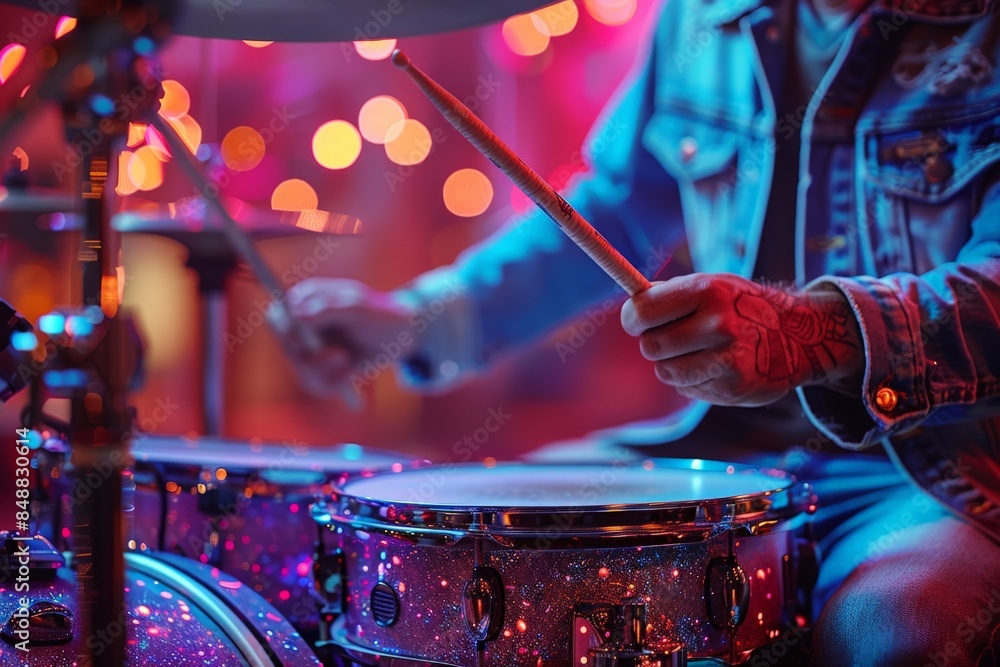 Naklejka premium Close-up of Drummer Performing in Vibrant Nightclub Setting, Glittering Drum Kit, Colorful Neon Lights, Denim Jacket, Tattooed ArmsMusic