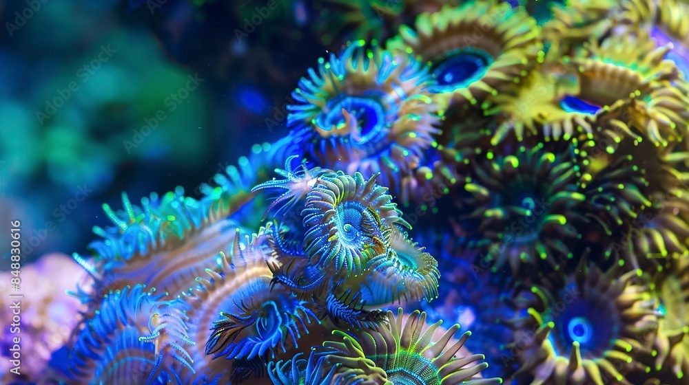 Detailed shot of a Christmas tree worm on a coral, spiral structures, vivid blue and green hues. Detailed shot of a Christmas tree worm on a coral, spiral structures, vivid blue and green hues.