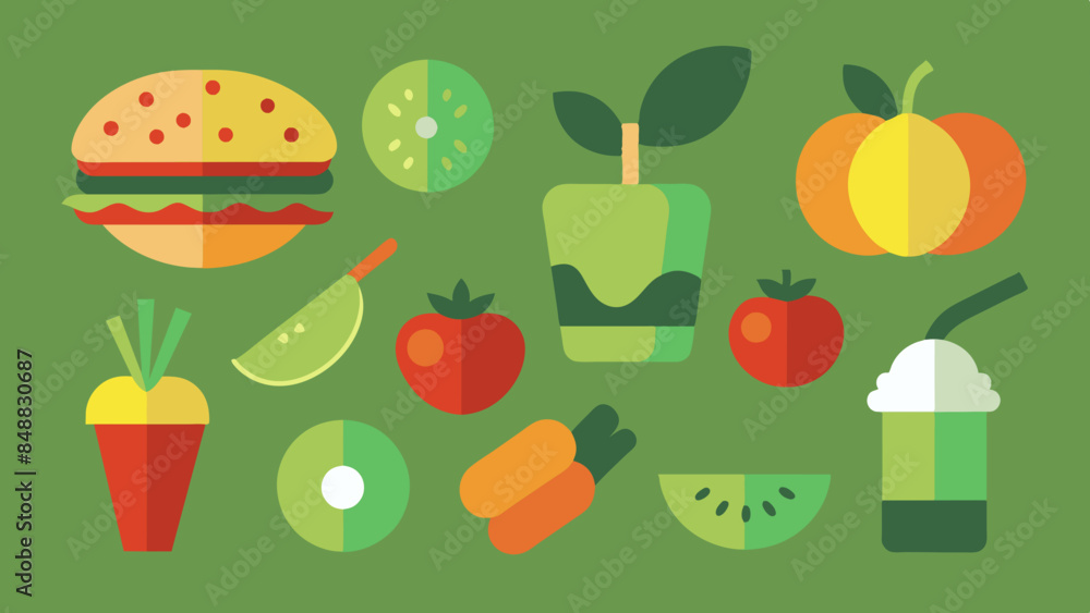 Colorful array of food and drink items, featuring a variety of fruits, vegetables, drinks, and snacks. Colorful array of food and drink items, featuring a variety of fruits, vegetables, drinks, and snacks.