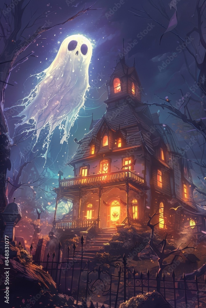 A cute ghost floating above a haunted house