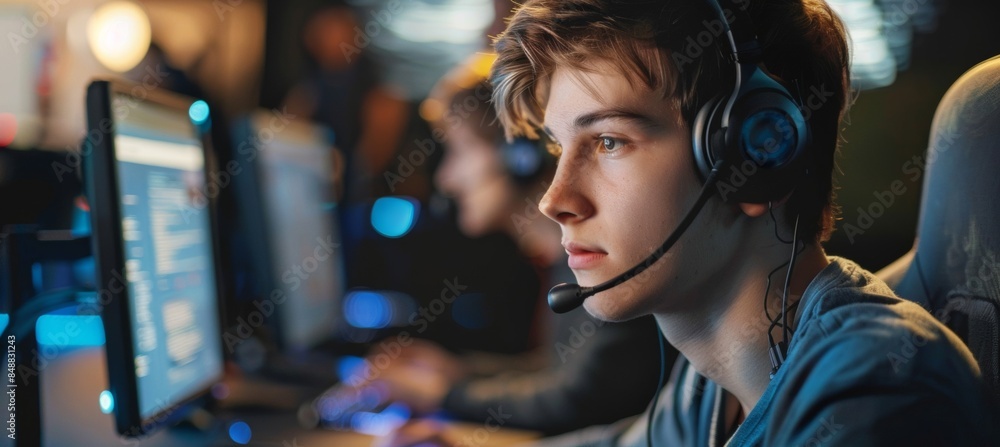A young man in a headset working diligently as a call center agent, providing customer support and assistance with a friendly and professional demeanor A young man in a headset working diligently as a call center agent, providing customer support and assistance with a friendly and professional demeanor