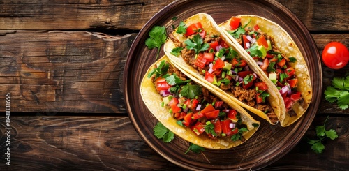 Top view of a plate of delicious tacos on a rustic wooden table