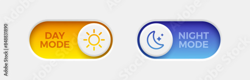 On and Off toggle switch buttons. Day and night mode switch button. Dark mode, light mode. Material design switch buttons set. Vector illustration.