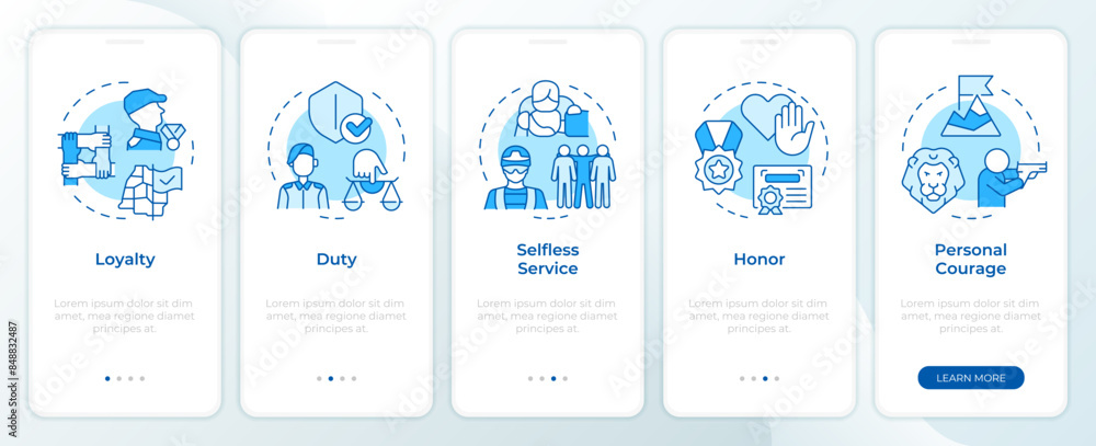 Army mental values blue onboarding mobile app screen. Walkthrough 5 steps editable graphic instructions with linear concepts. UI, UX, GUI template. Montserrat SemiBold, Regular fonts used Army mental values blue onboarding mobile app screen. Walkthrough 5 steps editable graphic instructions with linear concepts. UI, UX, GUI template. Montserrat SemiBold, Regular fonts used