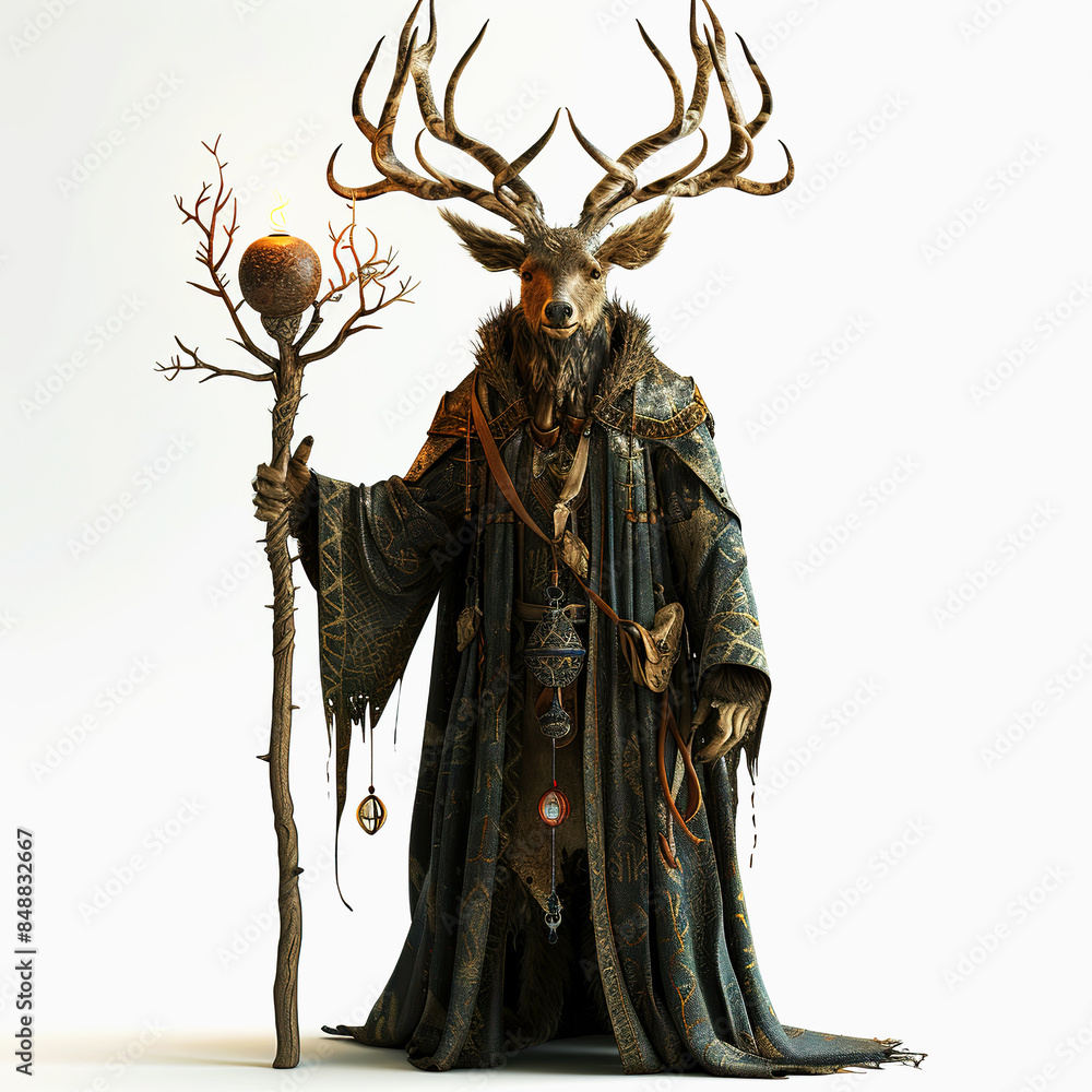 Realistic Deer magician on white background. 3D Deer wizard cartoon character. Realistic Deer magician on white background. 3D Deer wizard cartoon character.