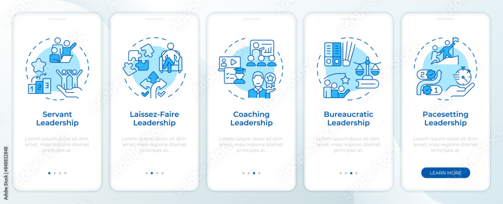 Styles of leadership management blue onboarding mobile app screen. Walkthrough 5 steps editable graphic instructions with linear concepts. UI, UX, GUI template. Montserrat SemiBold, Regular fonts used Styles of leadership management blue onboarding mobile app screen. Walkthrough 5 steps editable graphic instructions with linear concepts. UI, UX, GUI template. Montserrat SemiBold, Regular fonts used
