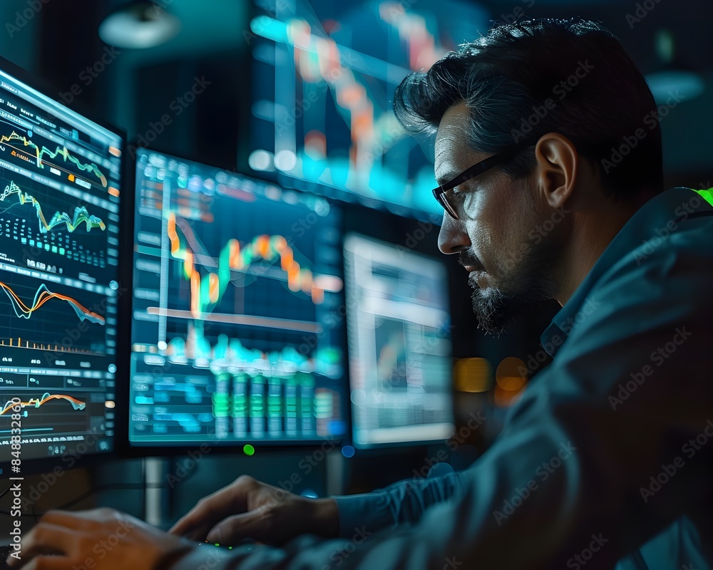 Financial Analyst Reviewing Market Data Displays on Computer Screens Financial Analyst Reviewing Market Data Displays on Computer Screens