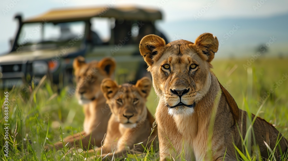 Obraz premium A pride of lionesses in the African savanna, with a safari vehicle in the background.