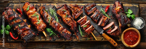 Meats Grill: Assorted BBQ Meats on Rustic Wooden Background with Aged Kitchen and Butcher Tools