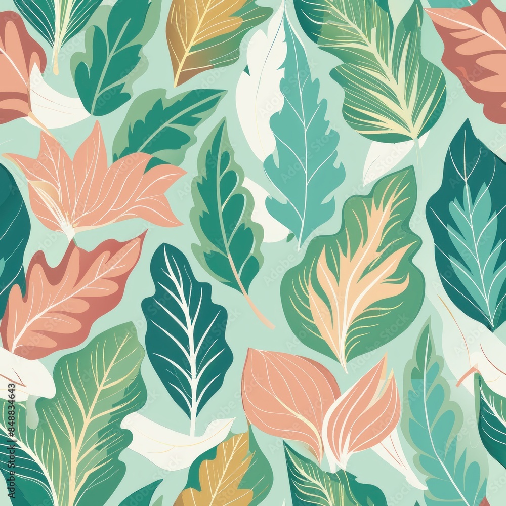 Fototapeta premium Seamless pattern of pastel-hued leafy greens with delicate textures, Generative AI