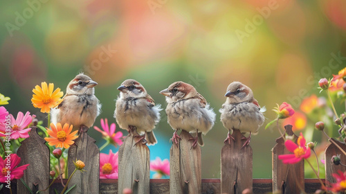 Cute fat birds standing on wooden fences, colorful flowers. photo
