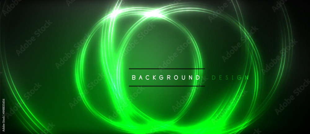Neon glowing circle rays, light round lines in the dark, planet style neon wave lines. Energetic electric concept design for wallpaper, banner, background