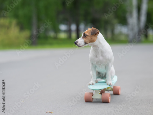 Jack Russell Terrier dog rides a penny board in the park.  photo