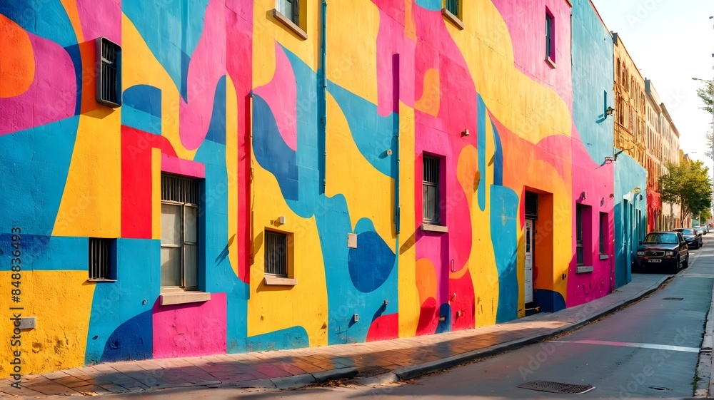 A vibrant street mural with a mix of bright colors and sharp lines, standing out against a plain wall. 1 A vibrant street mural with a mix of bright colors and sharp lines, standing out against a plain wall. 1