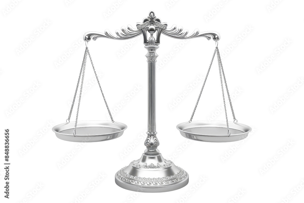 A silver balance scale representing justice and fairness, isolated on a transparent background. Ideal for law and legal concepts. A silver balance scale representing justice and fairness, isolated on a transparent background. Ideal for law and legal concepts.