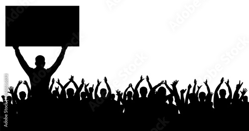 Man holding banner on background of cheerful crowd people, silhouette. Audience agitation. Vector illustration