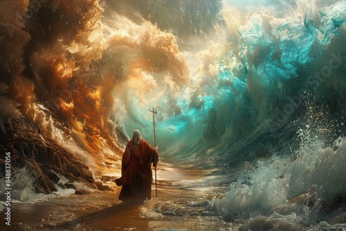 Biblical Moses splitting the red sea with his staff and creating a pathway to exodus
