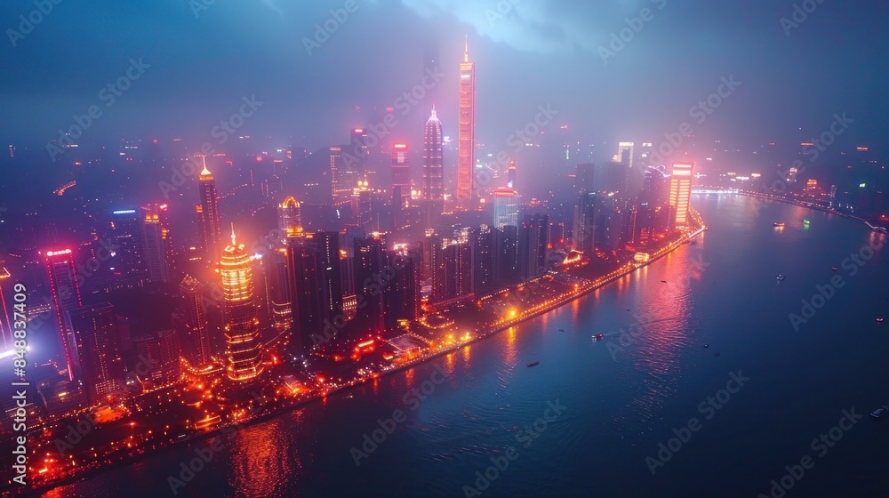 Nighttime Cityscape with Illuminated Skyscrapers and a River Nighttime Cityscape with Illuminated Skyscrapers and a River