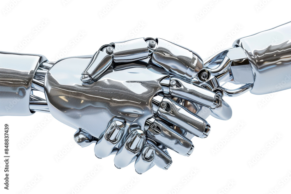 Close-up of two robotic hands shaking. Symbol of technology, cooperation, future, and artificial intelligence. Close-up of two robotic hands shaking. Symbol of technology, cooperation, future, and artificial intelligence.