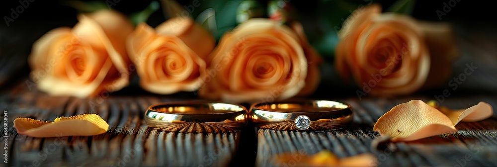 Golden Wedding Rings with a Red Rose and Petals beautifully arranged on a Wooden Surface Golden Wedding Rings with a Red Rose and Petals beautifully arranged on a Wooden Surface