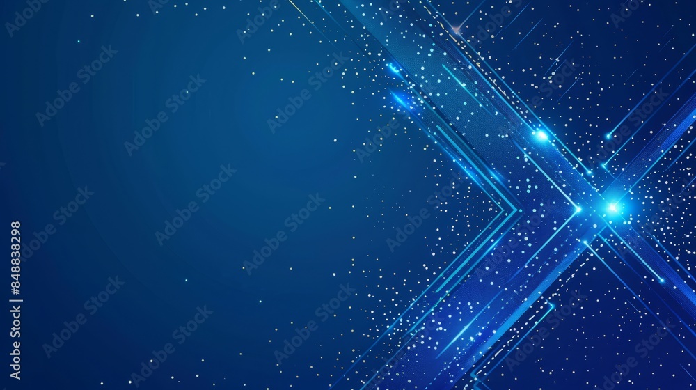 Fototapeta premium Blue background, blue arrow shape with geometric elements and light points